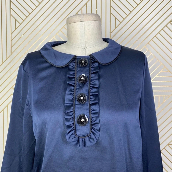 Boden Sophia Sequin Collared 3/4 Sleeve Blouse Top in Navy Blue Size US 6 - Picture 2 of 12